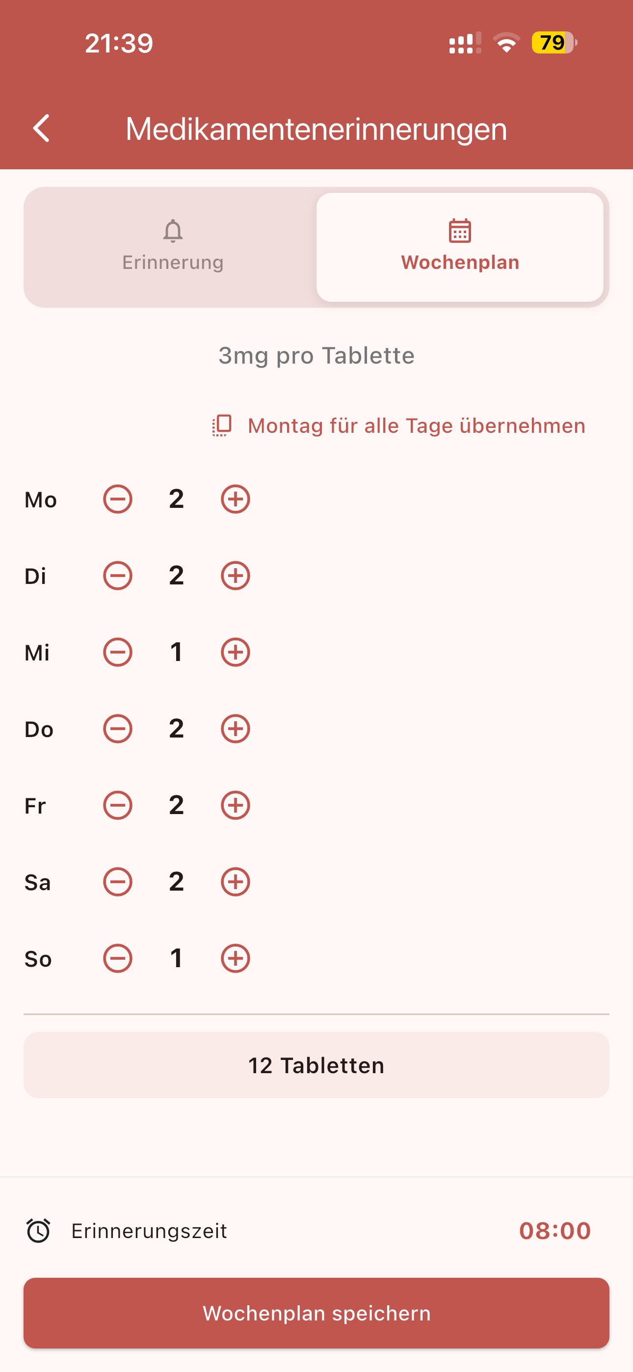 Wochenplan mit Tablettenanzahl pro Wochentag