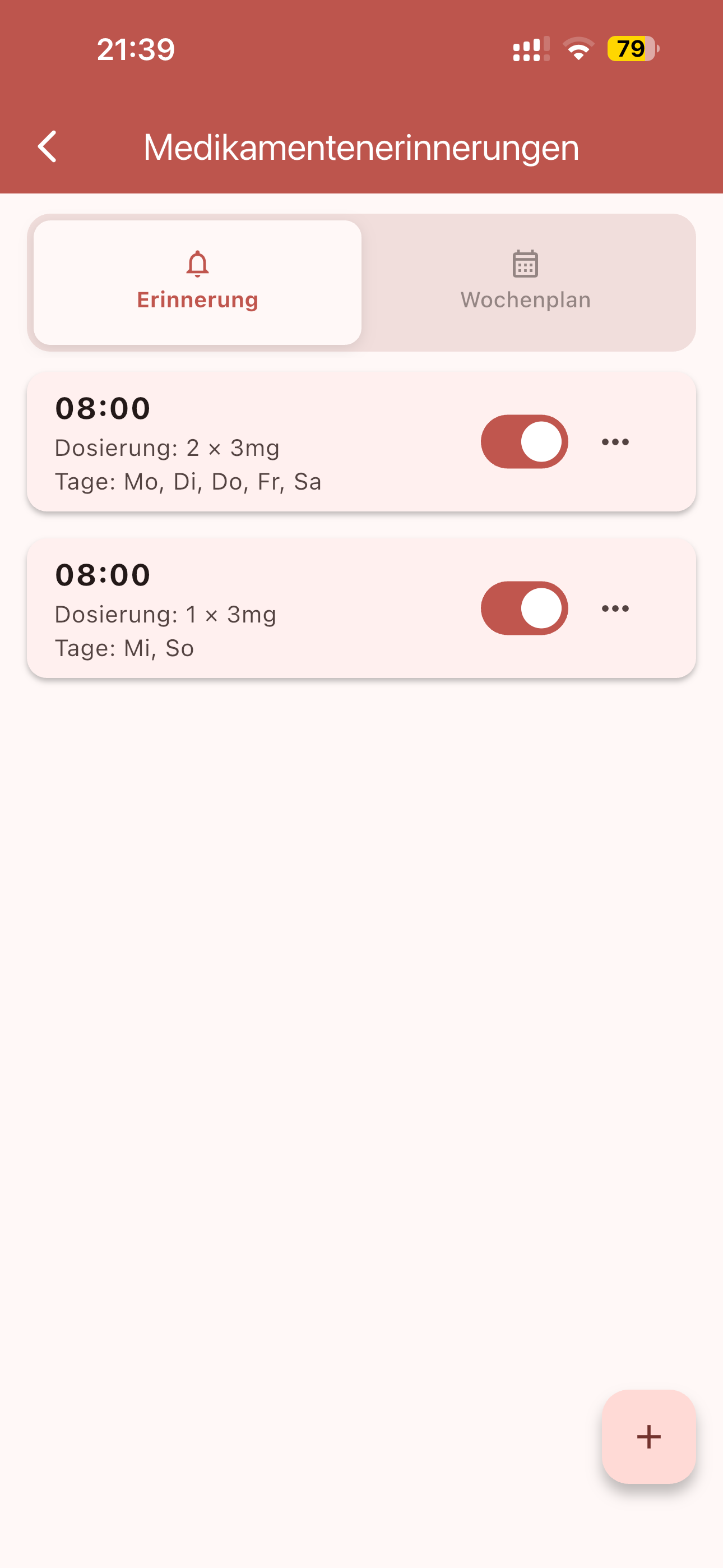 Medikamentenerinnerungen mit Uhrzeit, Dosierung und Wochentagen