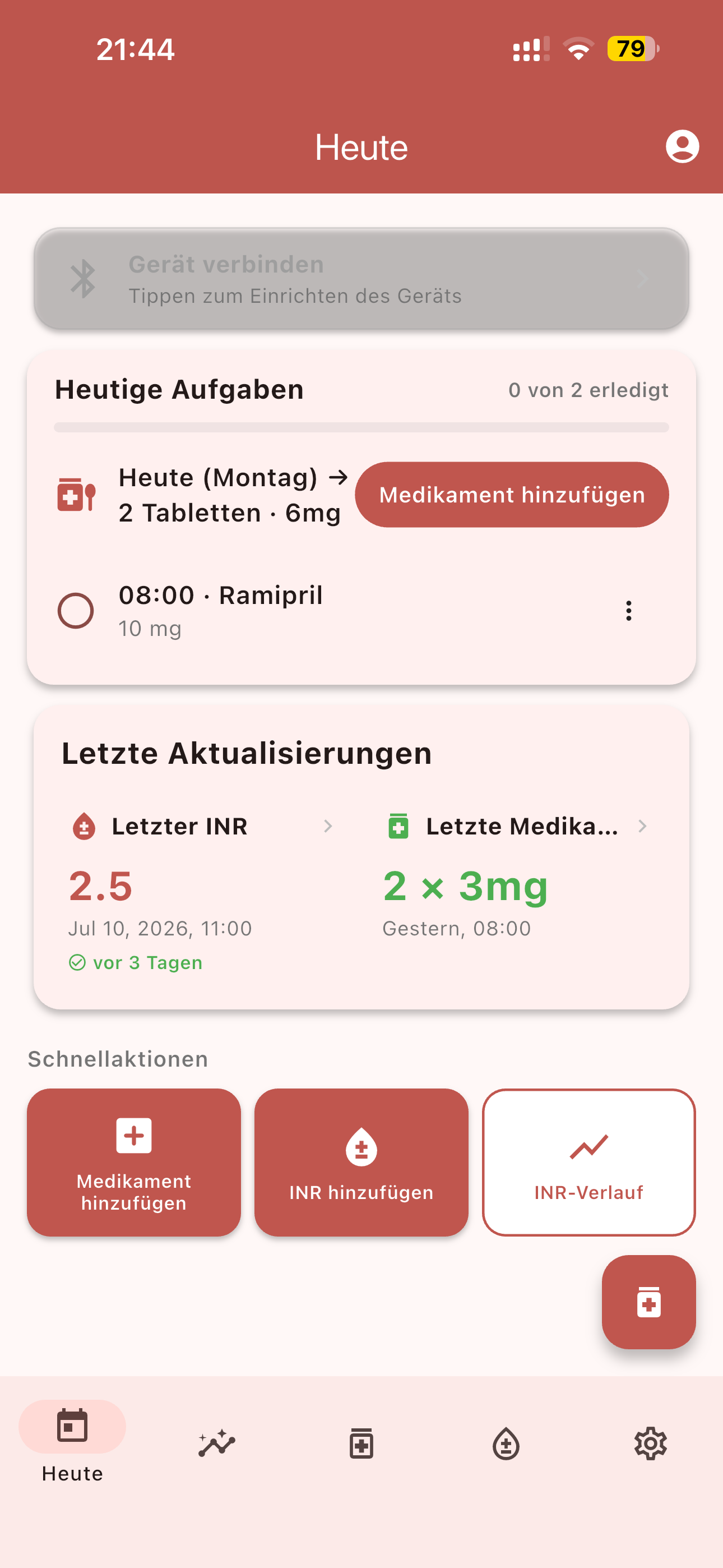 Medinote Startbildschirm „Heute“ mit heutigen Aufgaben, letztem INR-Wert und Schnellaktionen